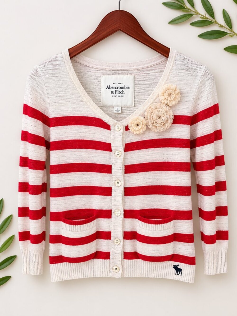 Y2K Abercrombie & Fitch Linen Blend Striped Cardigan Red White Nautical Coastal